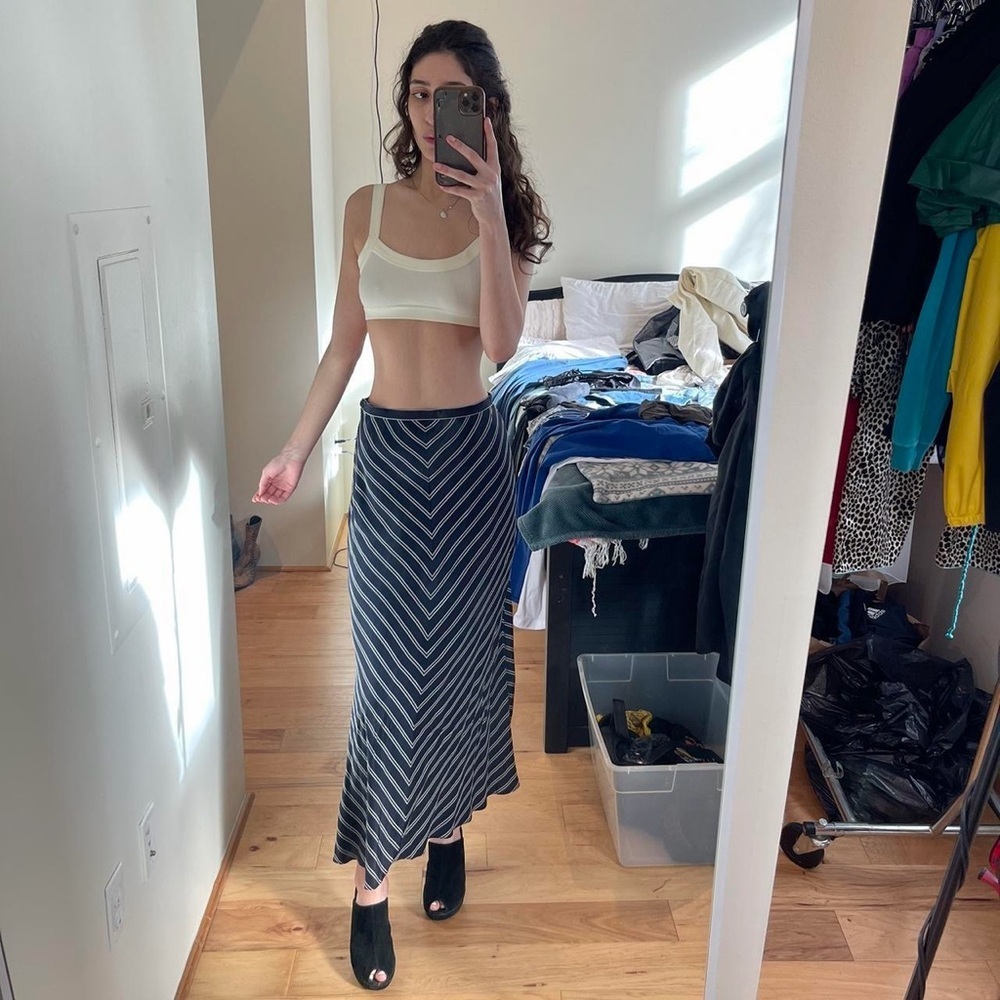Lauren Ralph Lauren Chevron Navy Blue and White 100% Silk Maxi Skirt